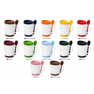 Caneca de Cerâmica com Colher e Tampa Base em Silicone Personalizada