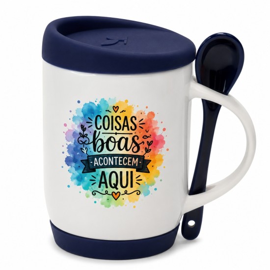 Caneca de Cerâmica com Colher e Tampa Base em Silicone Personalizada