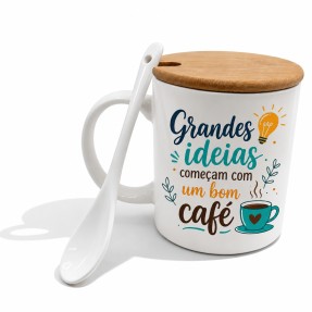 Caneca e Colher de Cerâmica com tampa de Bambu Personalizada