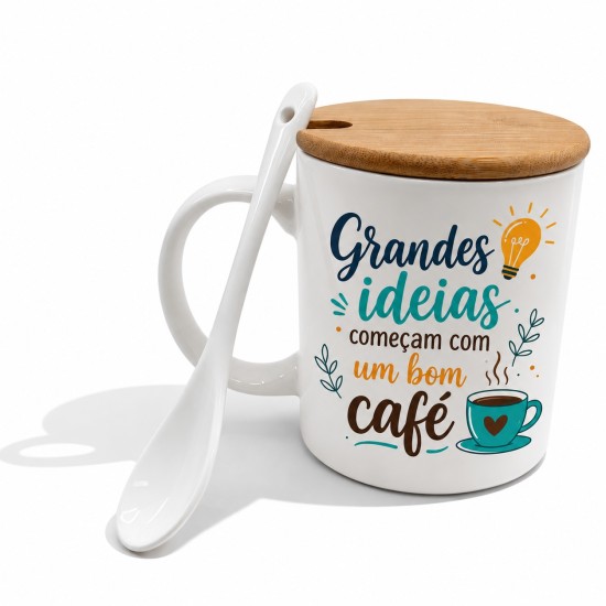 Caneca e Colher de Cerâmica com tampa de Bambu Personalizada