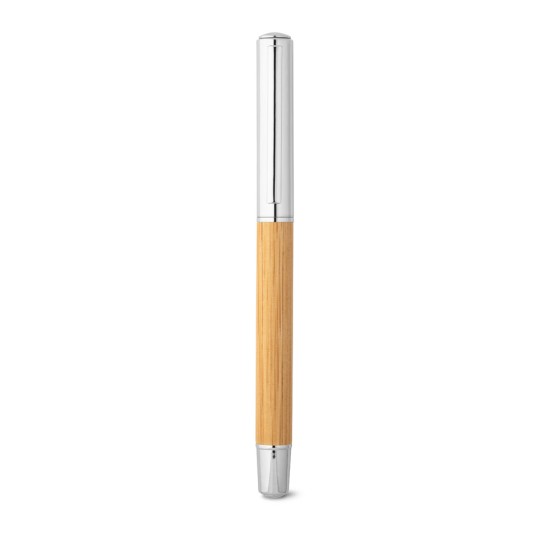 Caneta de Roller em Aço e Bambu com Tampa Personalizada