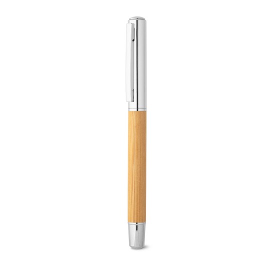 Caneta de Roller em Aço e Bambu com Tampa Personalizada