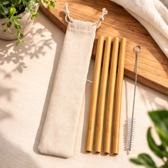 Kit Canudos de Bambu com Escova de Limpeza Personalizado