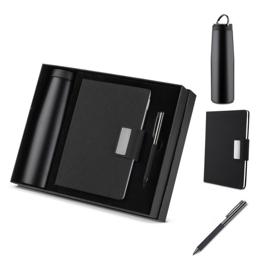 Kit escritório Caderno, Garrafa e Caneta Metalica Personalizado