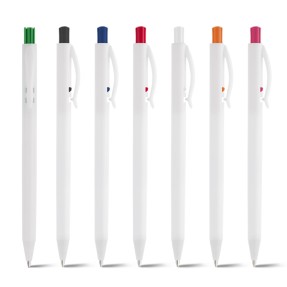 Caneta Plástica Branca com Detalhes Coloridos Personalizada para Brindes