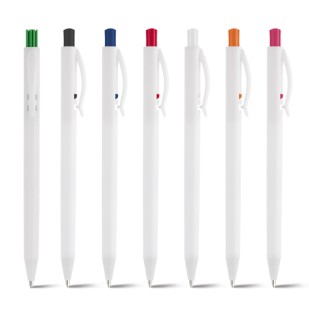 Caneta Plástica Branca com Detalhes Coloridos Personalizada para Brindes