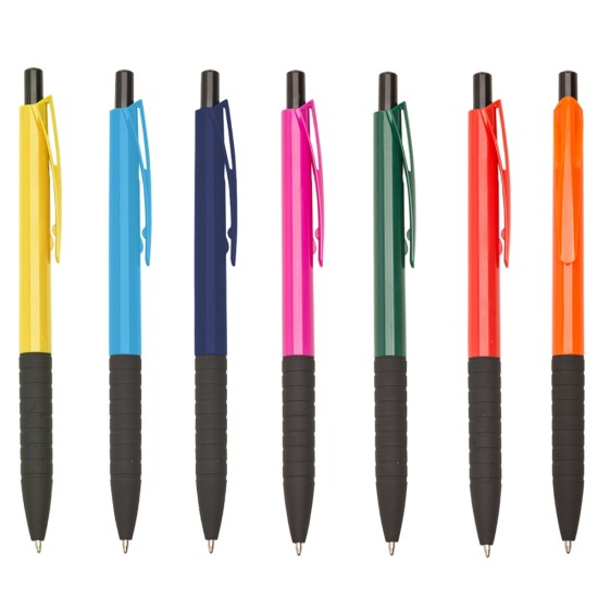Caneta Plástica Prata Detalhes Coloridos Personalizada