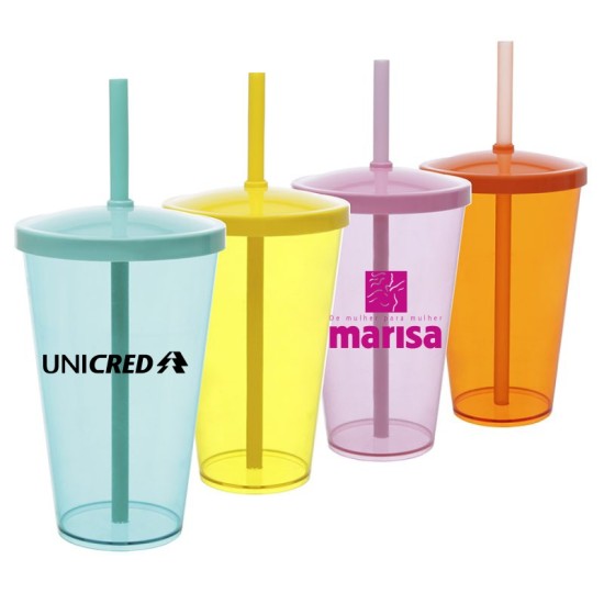 Copo Liso 550ml Personalizado com Tampa e Canudo