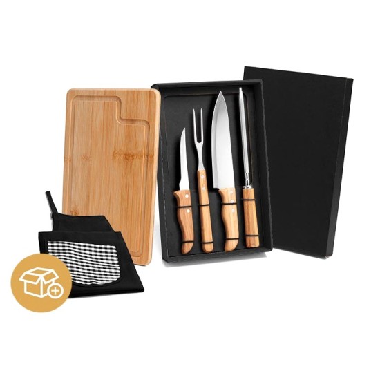 Kit Para Churrasco em Bambu Personalizado com Avental